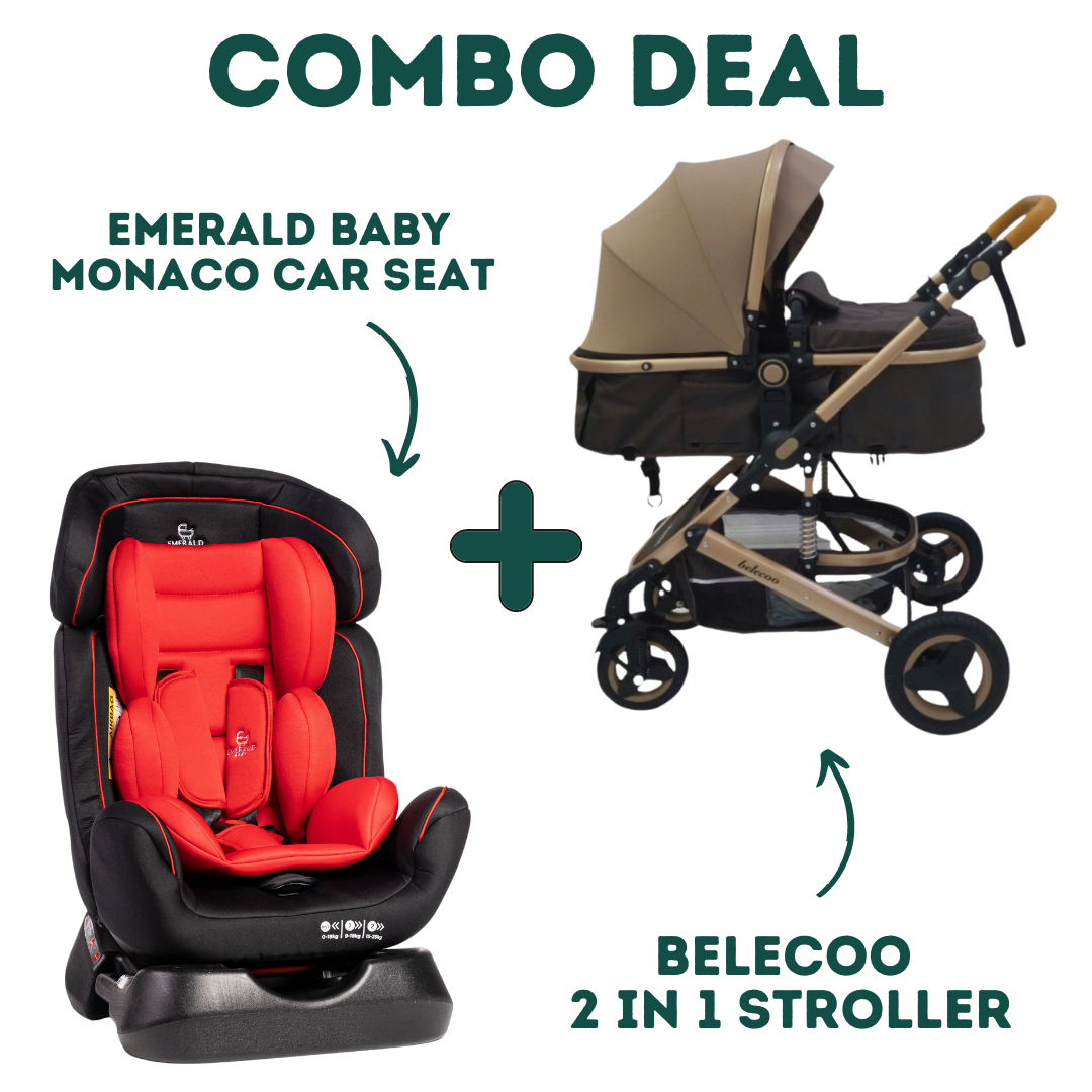 Emerald Baby Monaco Car Seat + 2 in 1 Belecoo Stroller (Khaaki) - Red image