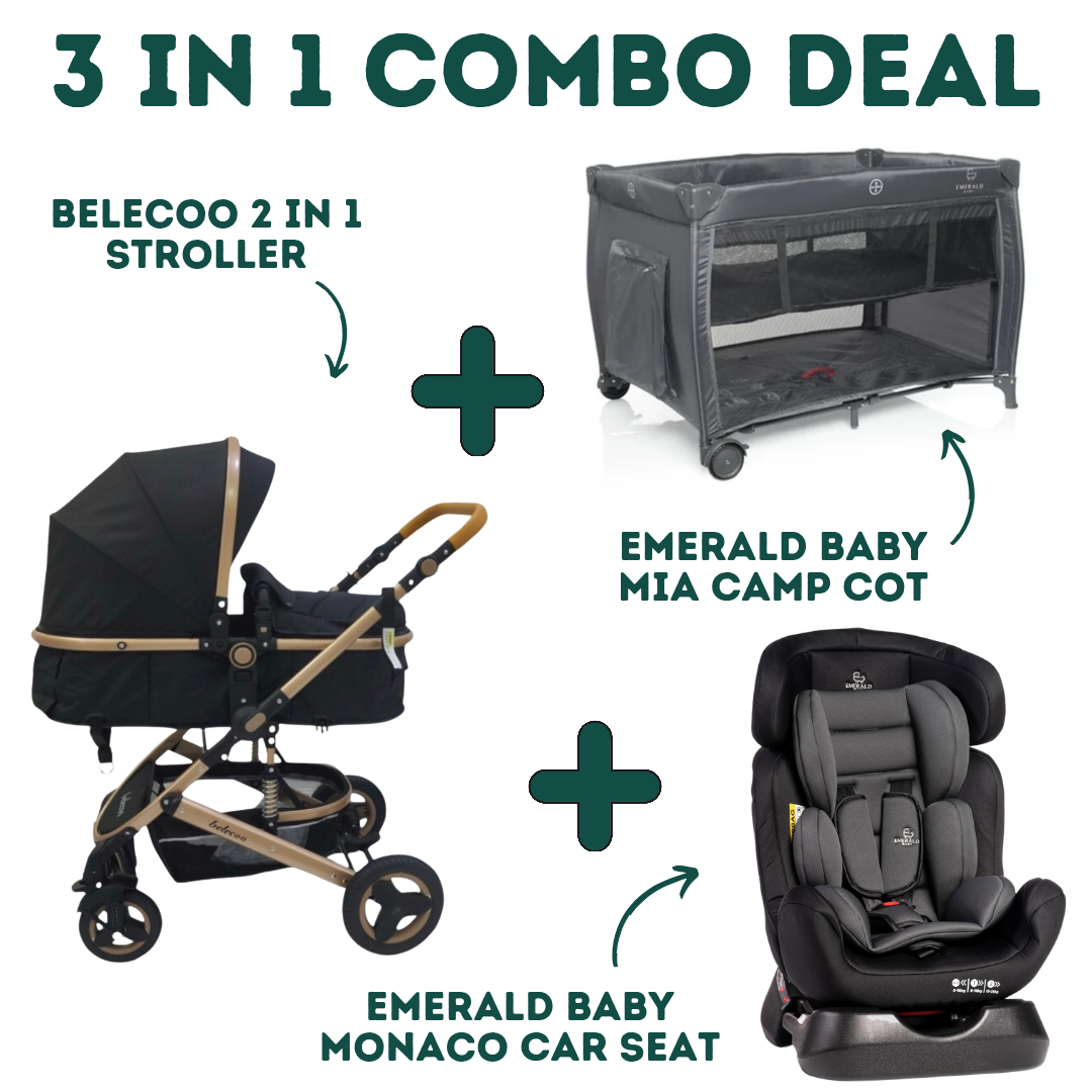 Emerald Baby Monaco Car Seat + Emerald Baby Mia Camp Cot + Belecoo 2 in 1 Stroller (COMBO!) - Black Stroller, Dark grey car seat image