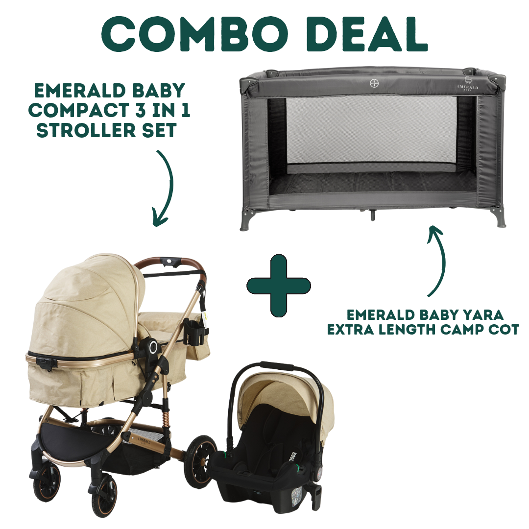 Emerald Baby Compact 3 in 1 Stroller Set with Car Seat & Nappy + Emerald Baby Yara Extra Length Camp Cot - Khaaki Stroller Set image