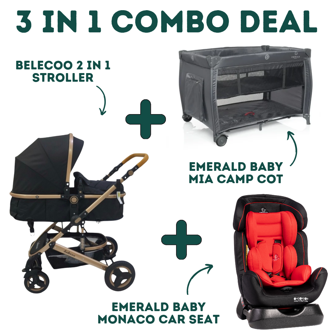 Emerald Baby Monaco Car Seat + Emerald Baby Mia Camp Cot + Belecoo 2 in 1 Stroller (COMBO!) - Black Stroller, Red Car Seat image