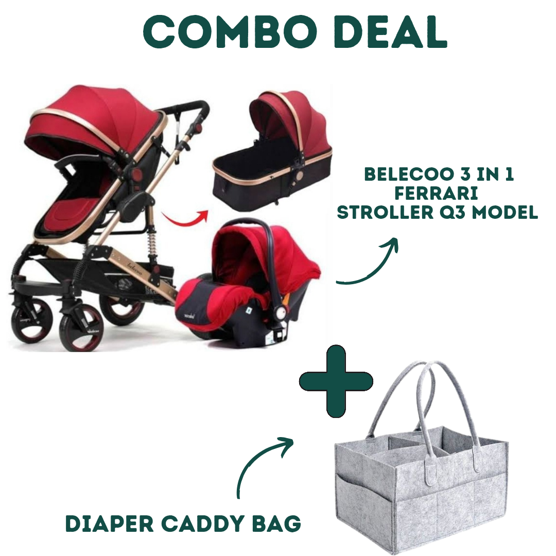 3 in 1 Belecoo FERRARI OG Q3 Model Stroller Set + Diaper Caddy Bag