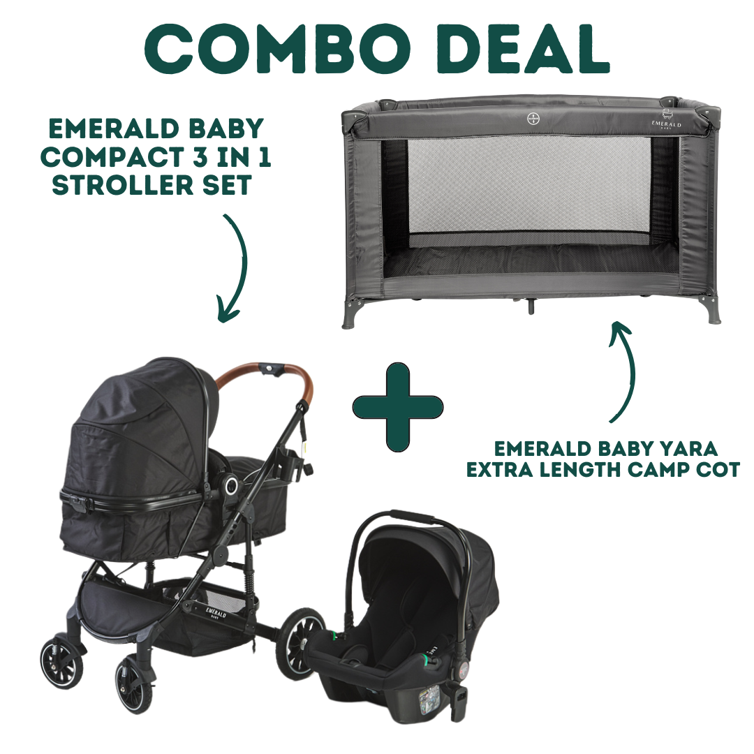 Emerald Baby Compact 3 in 1 Stroller Set with Car Seat & Nappy + Emerald Baby Yara Extra Length Camp Cot - Black Stroller Set image