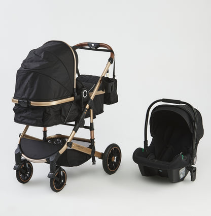 3 in 1 Emerald Baby H6 Stroller Set with Car Seat and Nappy Bag - Black with gold frames image