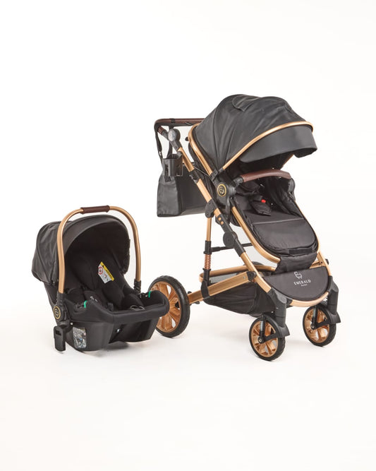 3 IN 1 Pu Black And Gold Frame Plus Car Seat And Pu Nappy Bag image 0