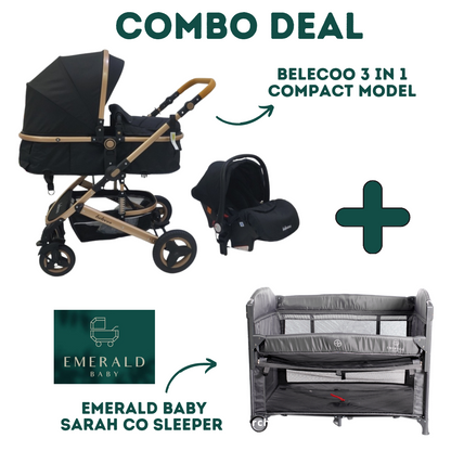 Emerald Baby Sarah Co Sleeper Camp Cot + Belecoo 3 in 1 Stroller Set (Black) image 0