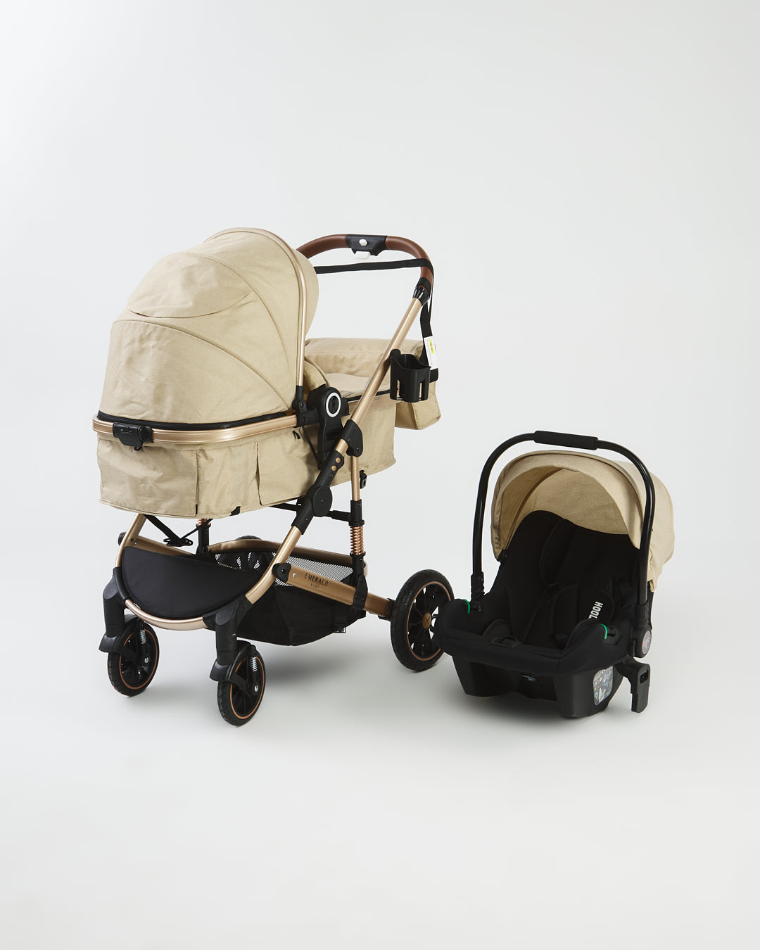 Emerald Baby Compact 3 in 1 Stroller Set with Car Seat & Nappy + Emerald Baby Yara Extra Length Camp Cot image 2