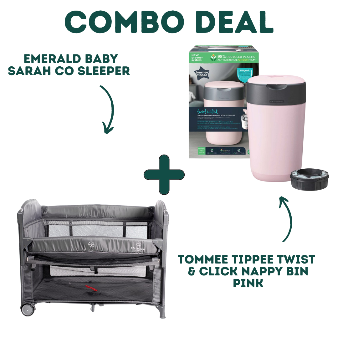 Emerald Baby Sarah Co Sleeper Camp Cot + Tommee Tippee Twist & Click Nappy Bin - Combo Deal - Pink image