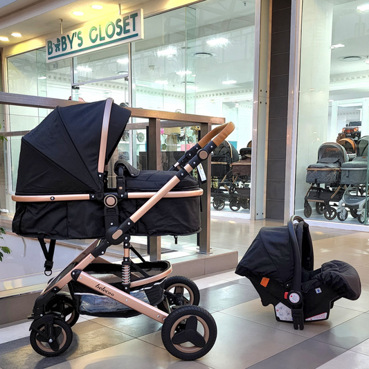 3 in 1 - Belecoo Stroller Set + Emerald Baby Noora 2 Level Extra Length Camp Cot image 1