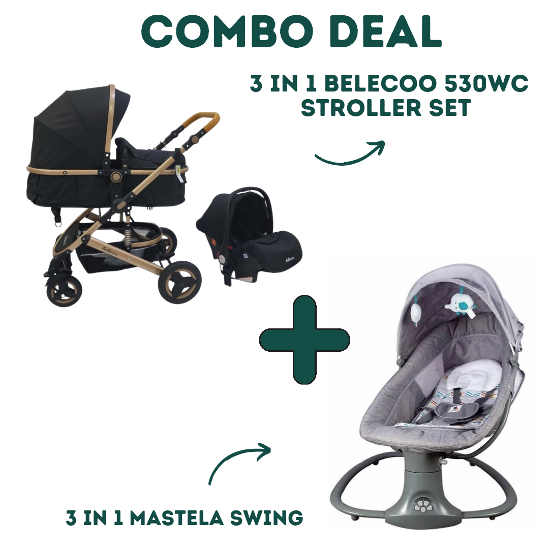 3 in 1 Belecoo 530WC Stroller Set + 3 in 1 Mastela Swing - Black image