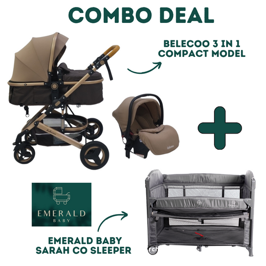 Emerald Baby Sarah Co Sleeper Camp Cot + Belecoo 3 in 1 Stroller Set (Khaaki) image 0