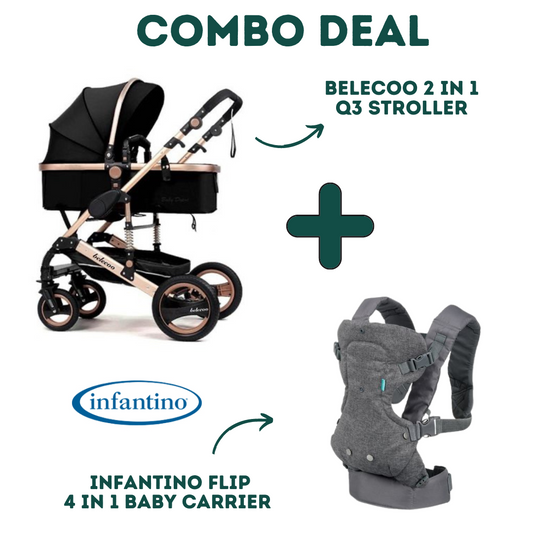 2 in 1 Belecoo Q3 Stroller (Black) + Infantino 4 in 1 Baby Carrier image 0