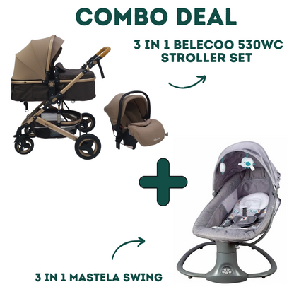 3 in 1 Belecoo 530WC Stroller Set + 3 in 1 Mastela Swing - Khaaki image