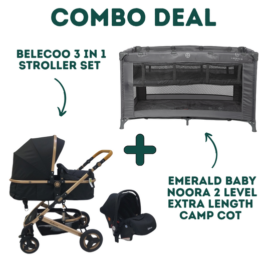 3 in 1 - Belecoo Stroller Set + Emerald Baby Noora 2 Level Extra Length Camp Cot image 0